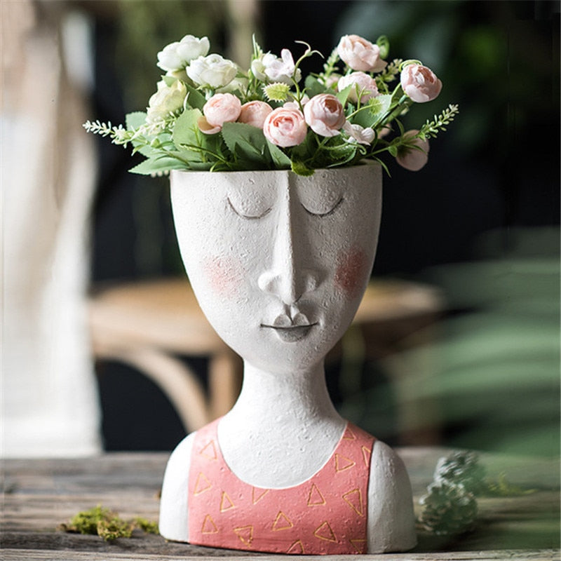 Art Portrait Flower Pot Vase Sculpture Resin Human Face Family Flower Pot Handmade Garden Flower Arrangement Home Decors