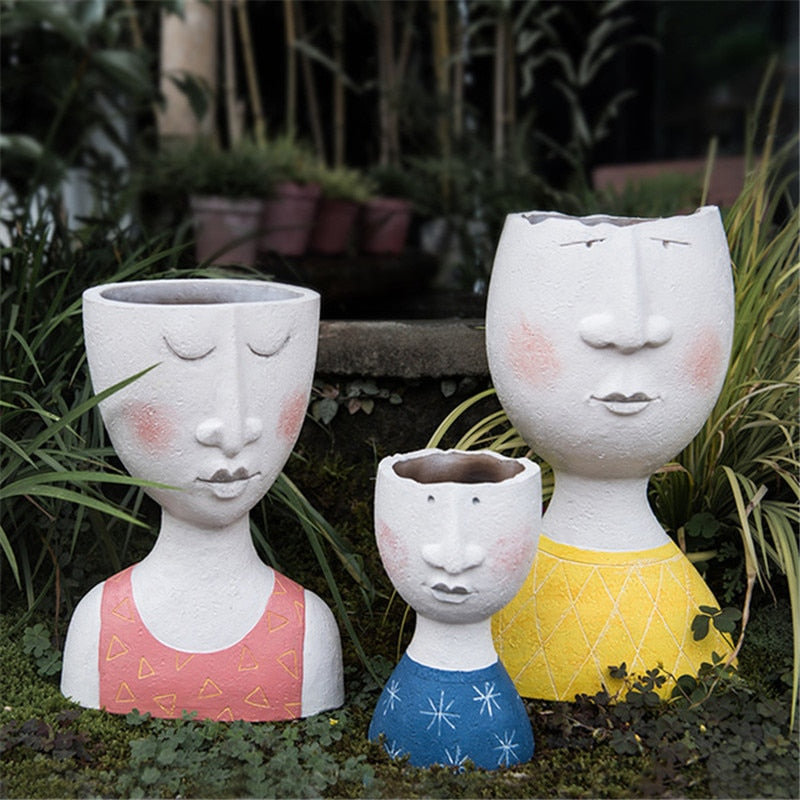 Art Portrait Flower Pot Vase Sculpture Resin Human Face Family Flower Pot Handmade Garden Flower Arrangement Home Decors