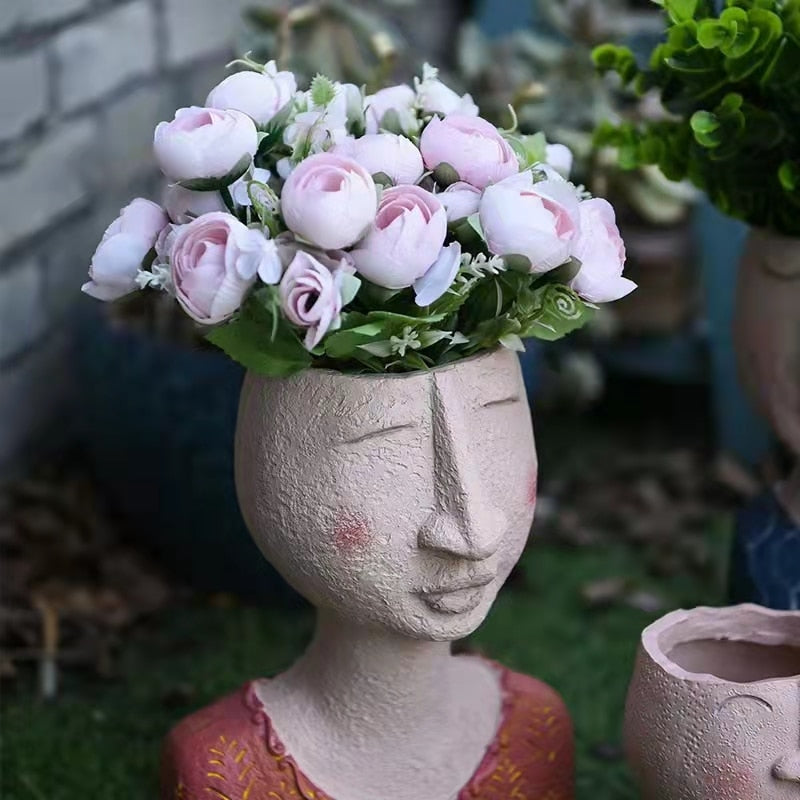 Art Portrait Flower Pot Vase Sculpture Resin Human Face Family Flower Pot Handmade Garden Flower Arrangement Home Decors