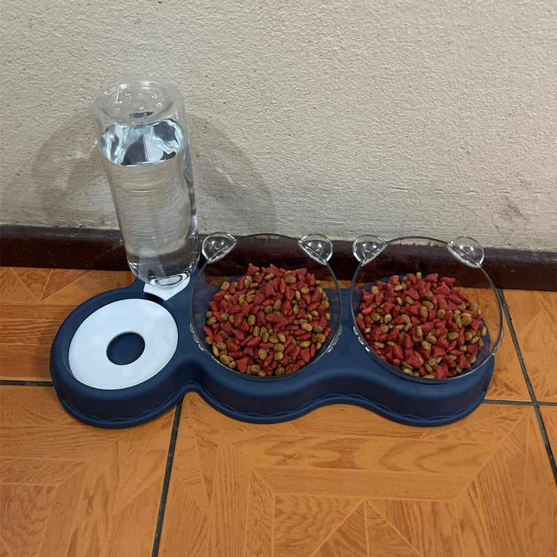 Pet Cat Bowl Automatic Feeder 3-in-1 Dog Cat Food Bowl With Water Fountain Double Bowl Drinking Raised Stand Dish Bowls For Cats