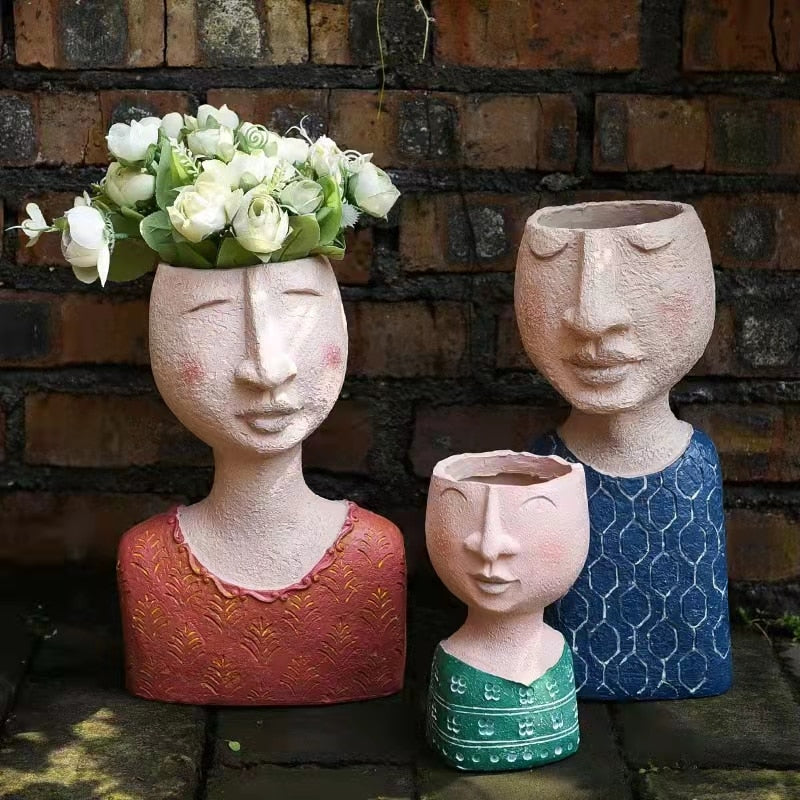 Art Portrait Flower Pot Vase Sculpture Resin Human Face Family Flower Pot Handmade Garden Flower Arrangement Home Decors